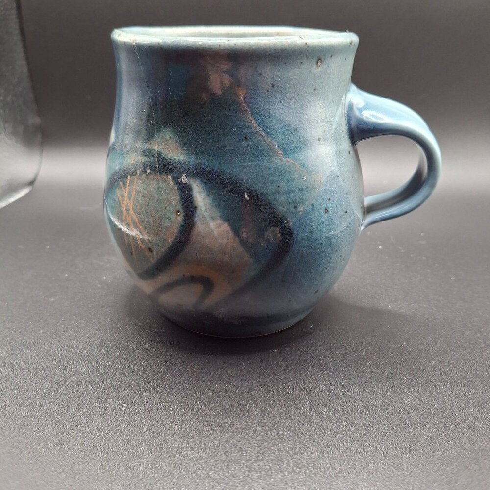 Handcrafted Signed Studio Ceramic Mug With Abstract Blue  Red Design